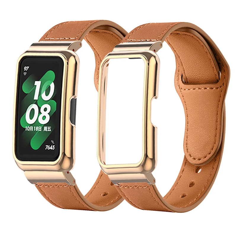 Huawei Smartwatch Accessories - Leather Strap Metal Case Protector For
